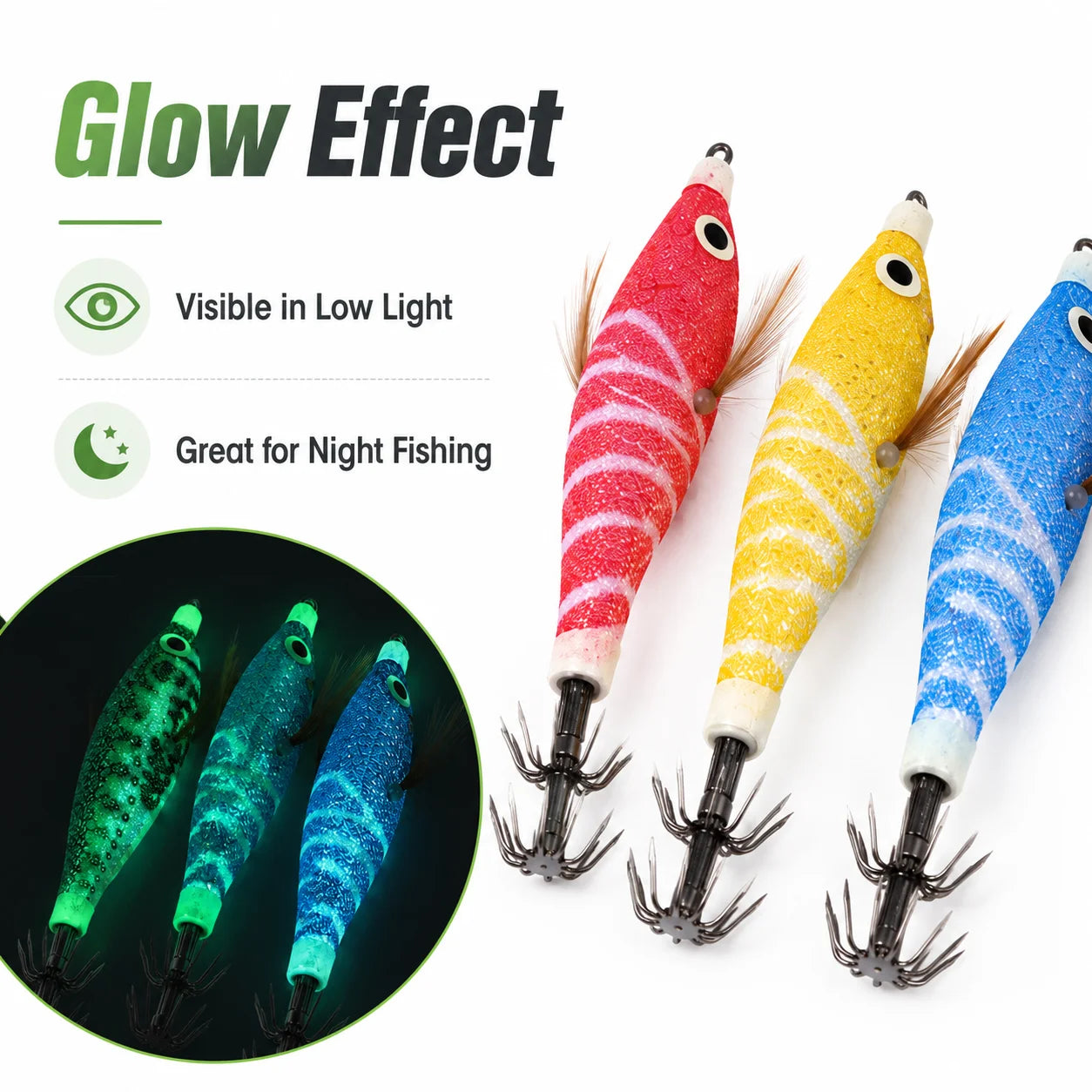 5Pcs Squid Jig Lure Set Glow Fishing Shrimp Baits with Storage Box Crown Hooks for Saltwater Shore Boat Angling Tackle Gear Pack