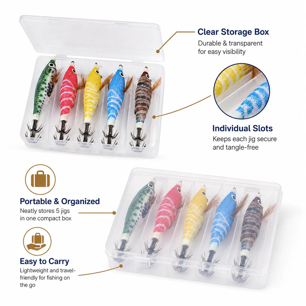 5Pcs Squid Jig Lure Set Glow Fishing Shrimp Baits with Storage Box Crown Hooks for Saltwater Shore Boat Angling Tackle Gear Pack