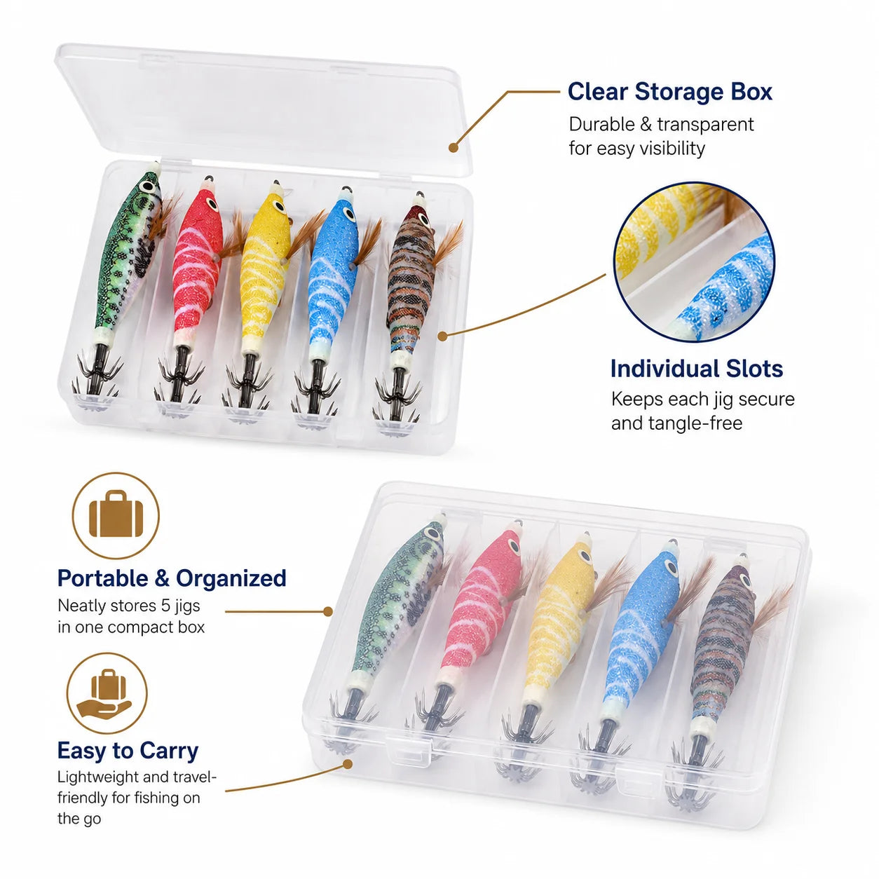 5Pcs Squid Jig Lure Set Glow Fishing Shrimp Baits with Storage Box Crown Hooks for Saltwater Shore Boat Angling Tackle Gear Pack