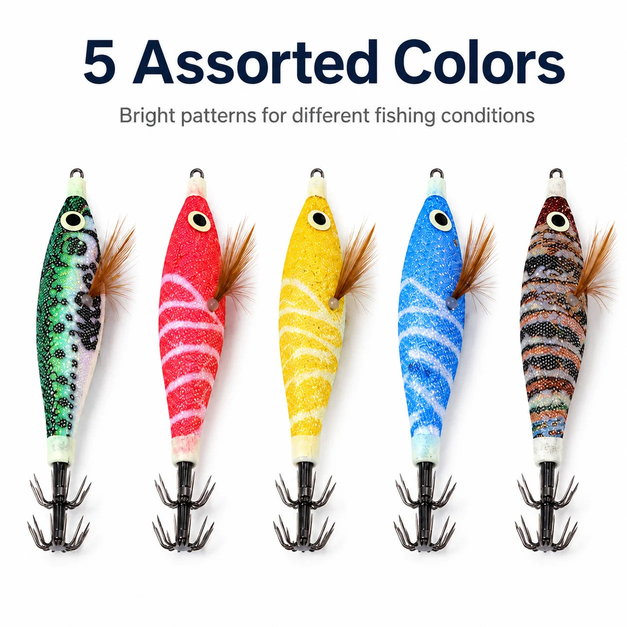 5Pcs Squid Jig Lure Set Glow Fishing Shrimp Baits with Storage Box Crown Hooks for Saltwater Shore Boat Angling Tackle Gear Pack