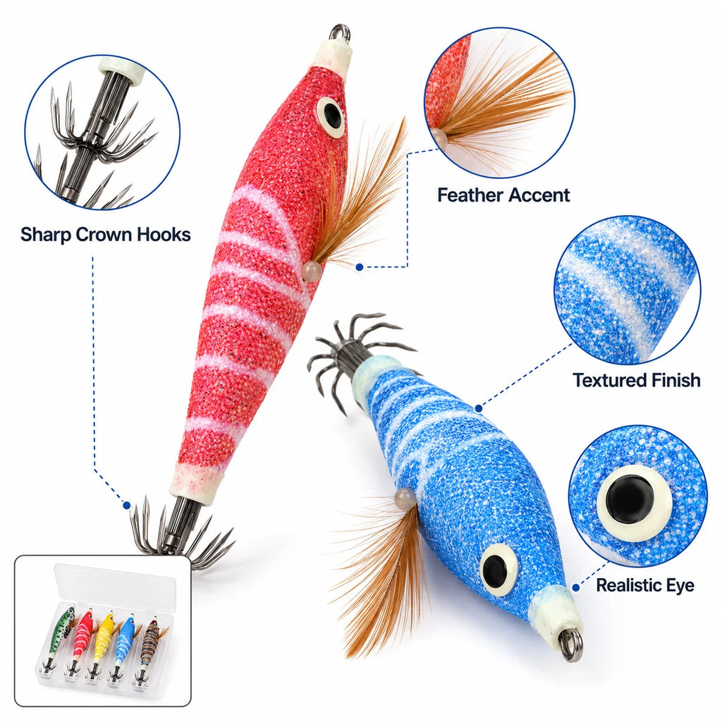 5Pcs Squid Jig Lure Set Glow Fishing Shrimp Baits with Storage Box Crown Hooks for Saltwater Shore Boat Angling Tackle Gear Pack