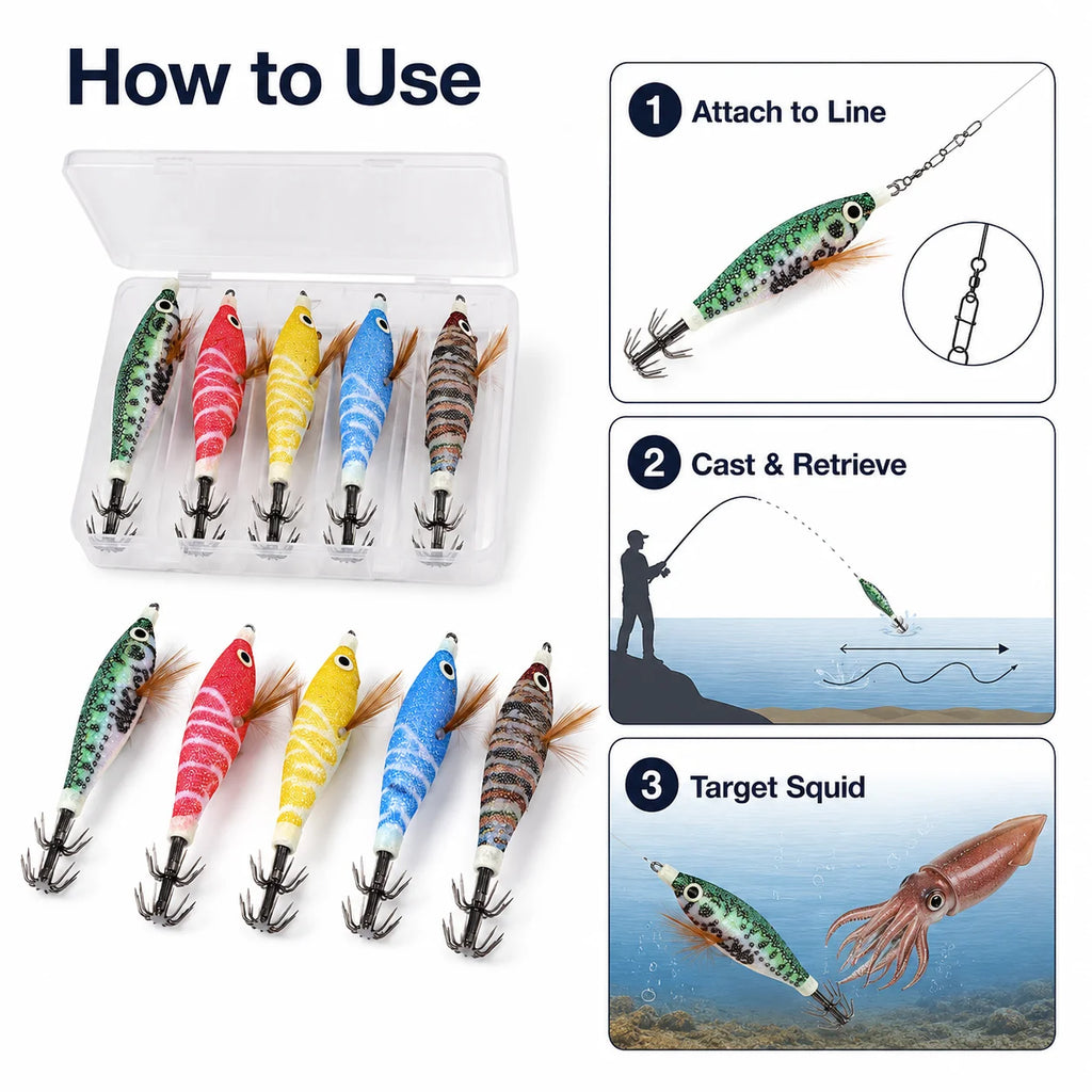 5Pcs Squid Jig Lure Set Glow Fishing Shrimp Baits with Storage Box Crown Hooks for Saltwater Shore Boat Angling Tackle Gear Pack