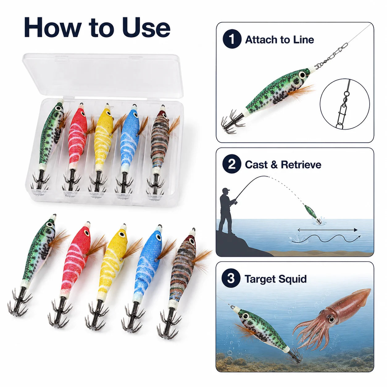 5Pcs Squid Jig Lure Set Glow Fishing Shrimp Baits with Storage Box Crown Hooks for Saltwater Shore Boat Angling Tackle Gear Pack