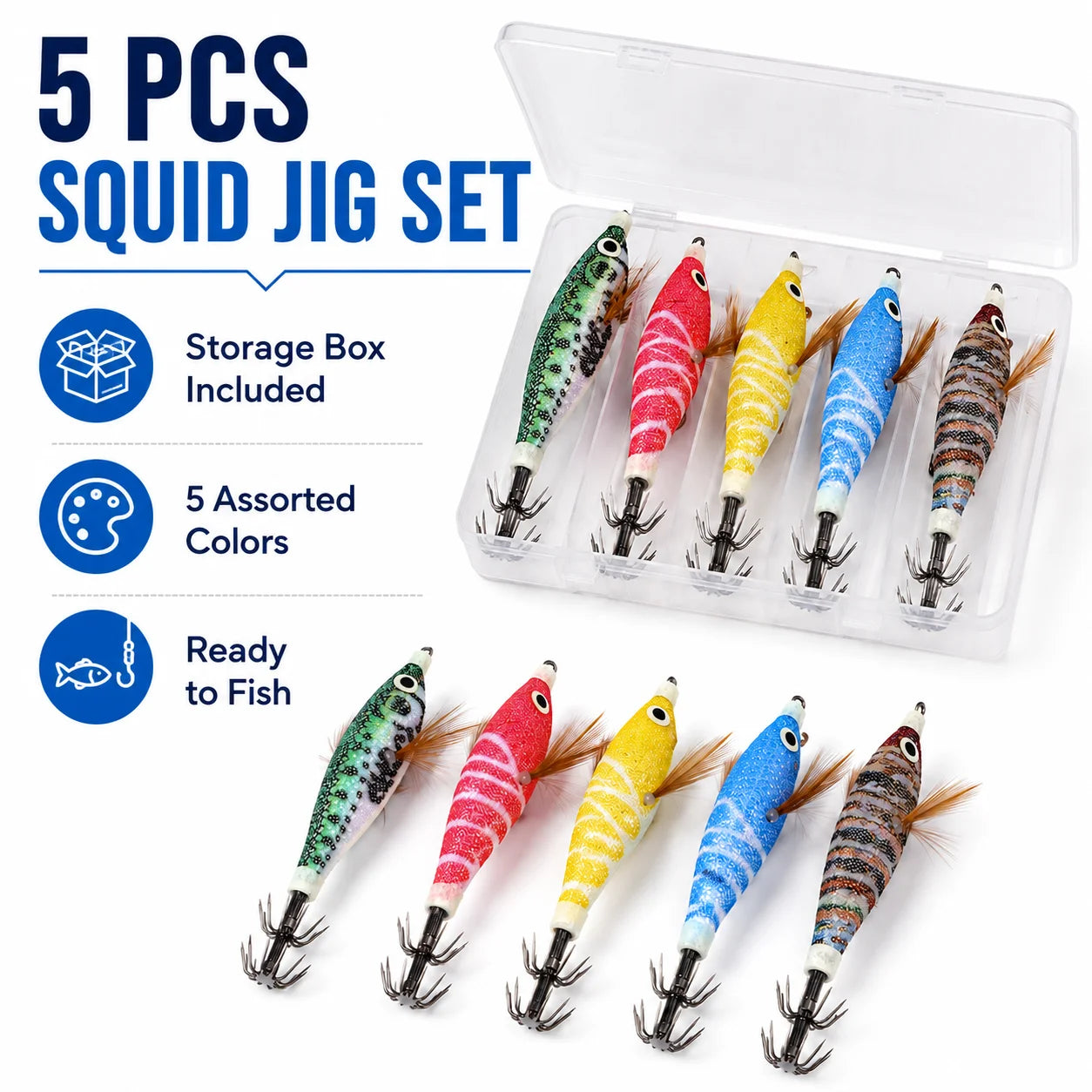 5Pcs Squid Jig Lure Set Glow Fishing Shrimp Baits with Storage Box Crown Hooks for Saltwater Shore Boat Angling Tackle Gear Pack