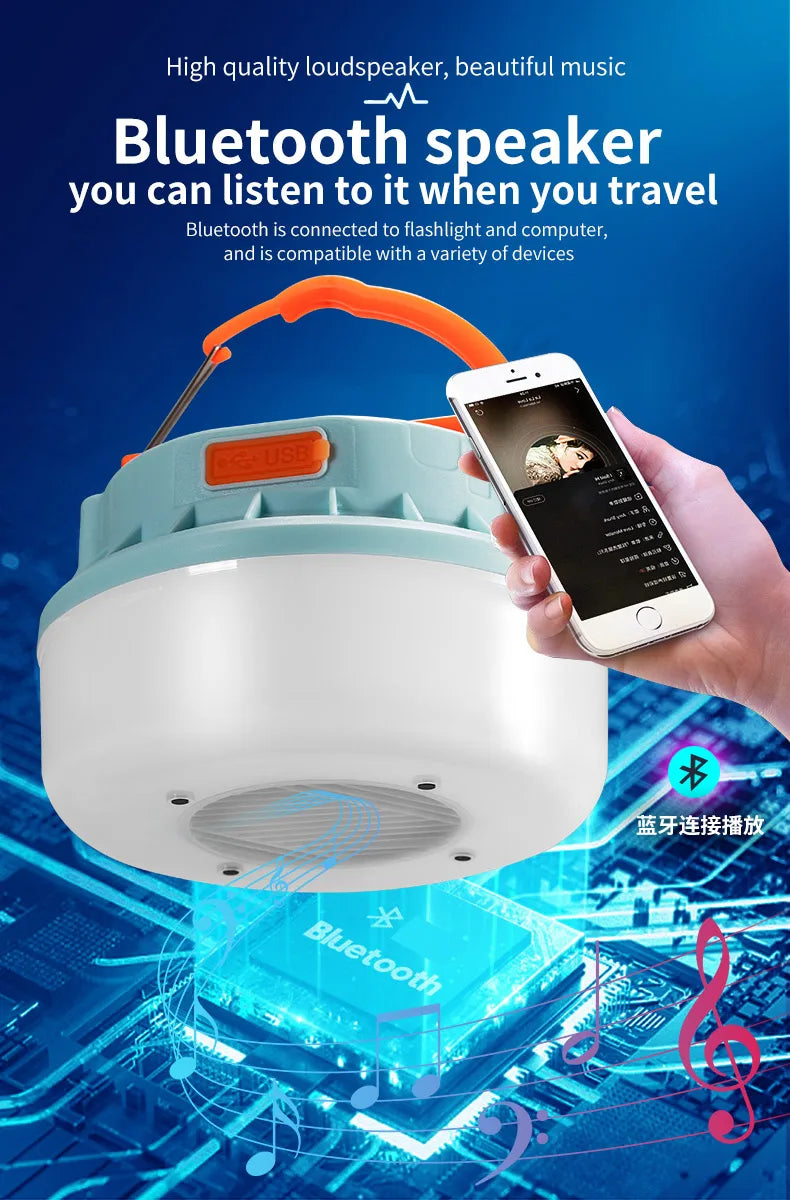 New Outdoor Solar Camping Lights with Wireless Portable Bluetooth Speaker Rechargeable Led Camping Lanterns Tent Lamp Power Bank