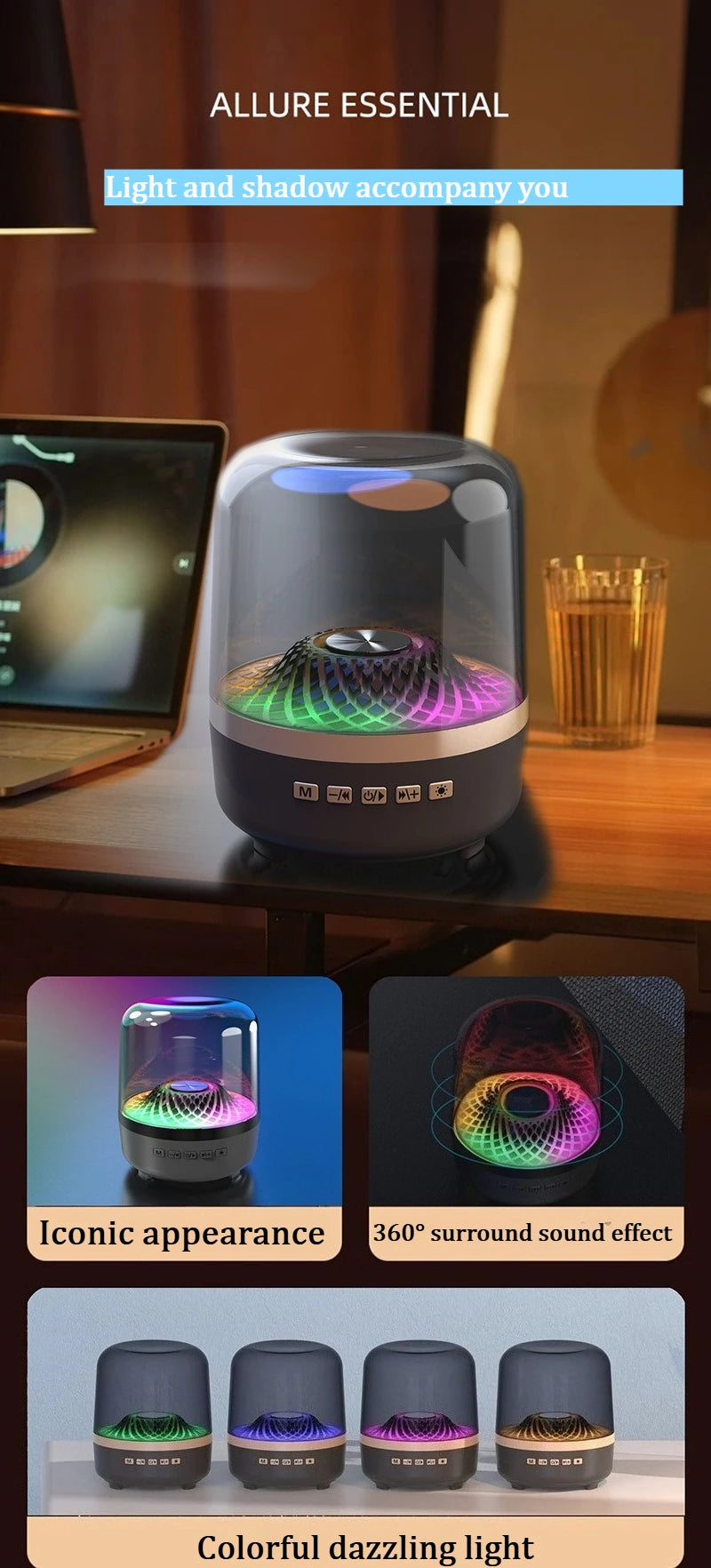 Hot-selling High-quality RGB Lighted Wireless Bluetooth Speaker with Black Gold Color and Glass Crystal Design for Desktop