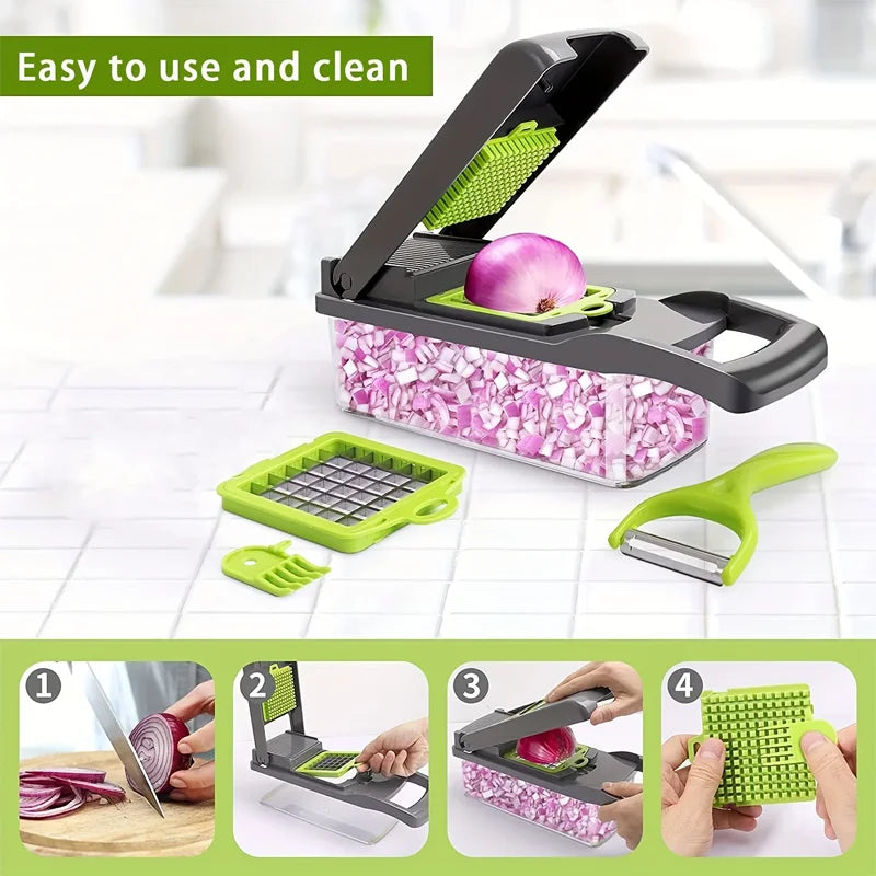 New Hot 16 in 1 Multifunctional Vegetable Chopper, with Container, Onion Chopper for Veggie, Fruit, Salad, Kitchen Gadgets