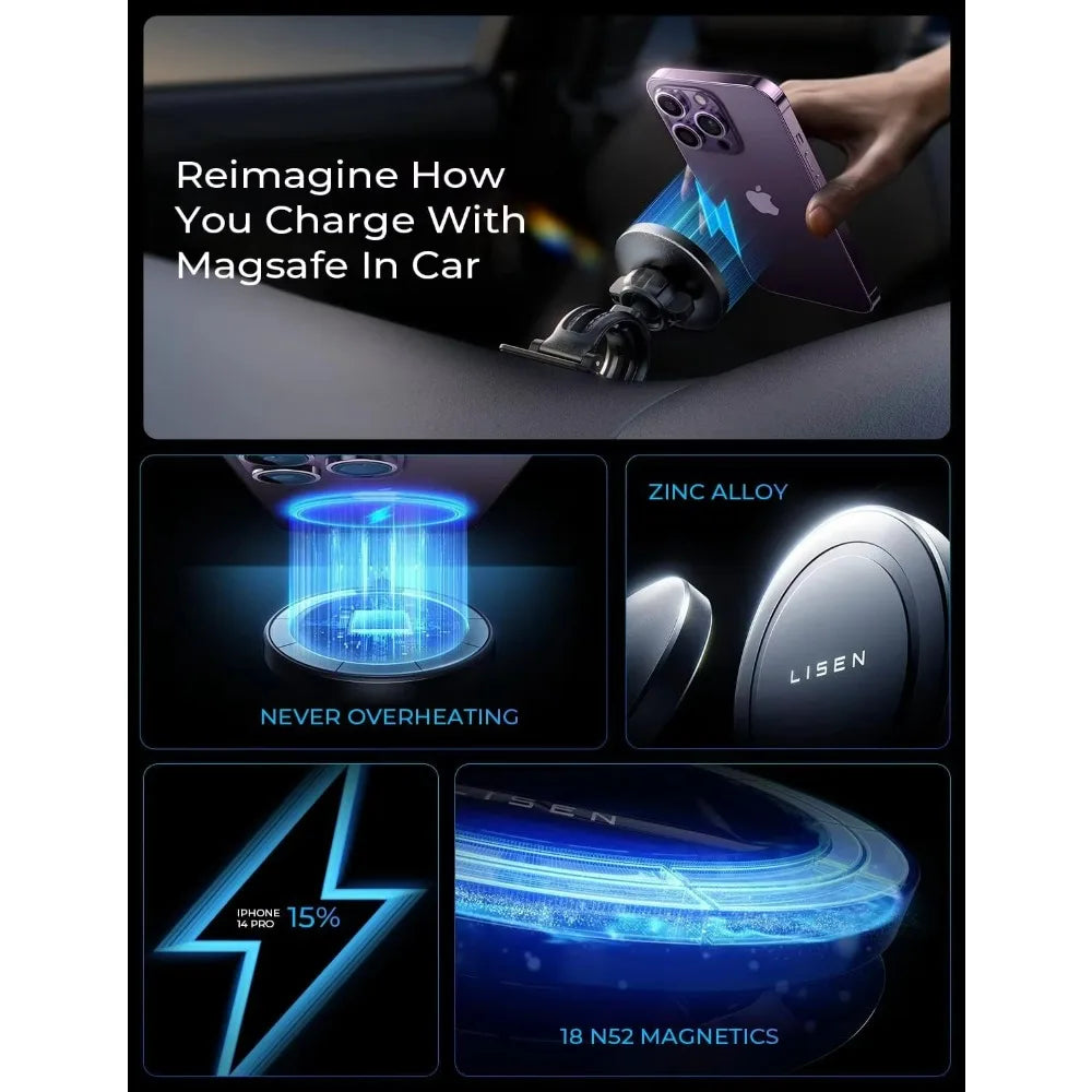 LISEN Hot Sales 15W Magnetic Car Mount Charger Charging Mount Wireless for iPhone 16 Pro Max Accessories Fits