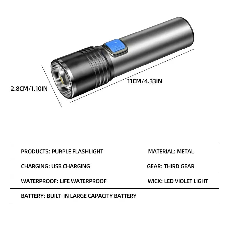 UV Blacklight Flashlight — USB Rechargeable