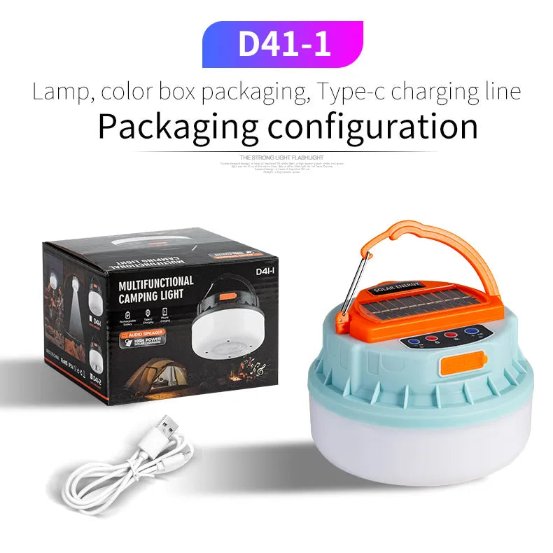 New Outdoor Solar Camping Lights with Wireless Portable Bluetooth Speaker Rechargeable Led Camping Lanterns Tent Lamp Power Bank