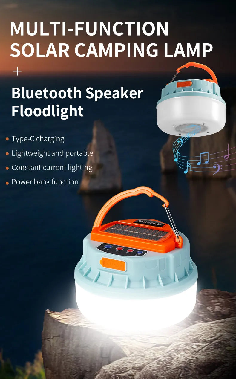New Outdoor Solar Camping Lights with Wireless Portable Bluetooth Speaker Rechargeable Led Camping Lanterns Tent Lamp Power Bank
