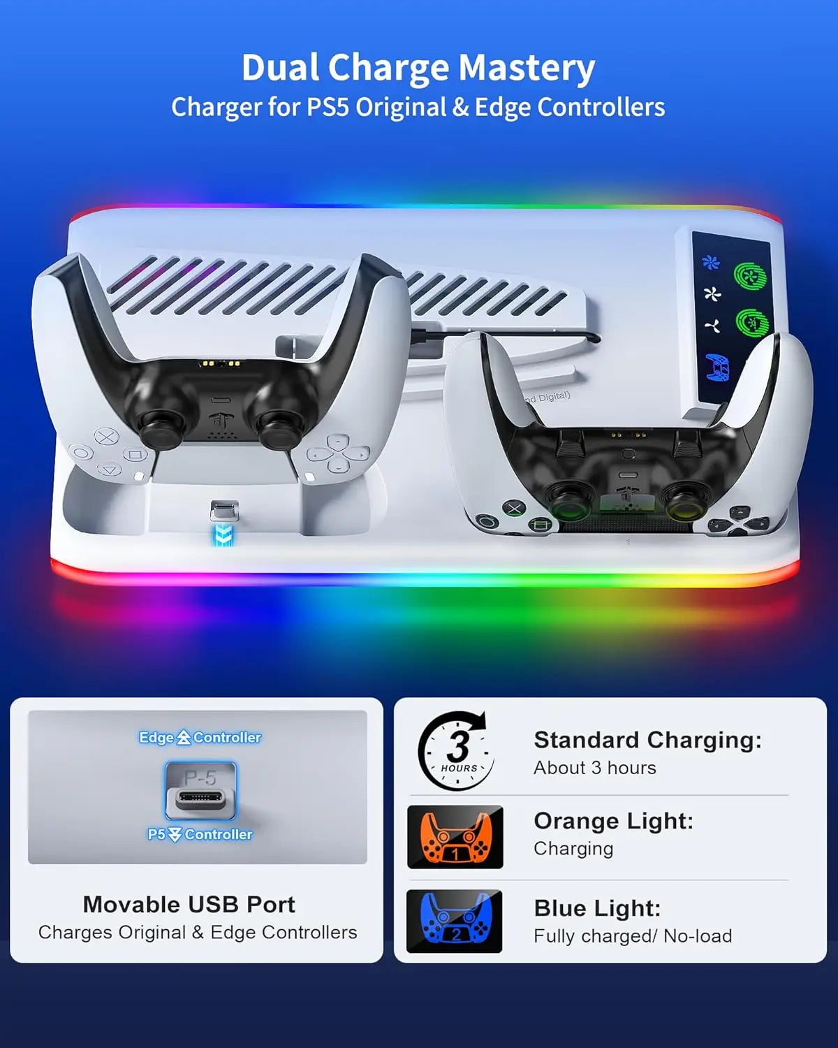 PS5 Cooling Stand with LED & Controller Charging Station