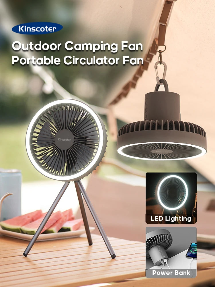 10000mAh Camping Fan Rechargeable Desktop Portable Air Circulator Wireless Ceiling Electric Fan with Power Bank LED Light Tripod