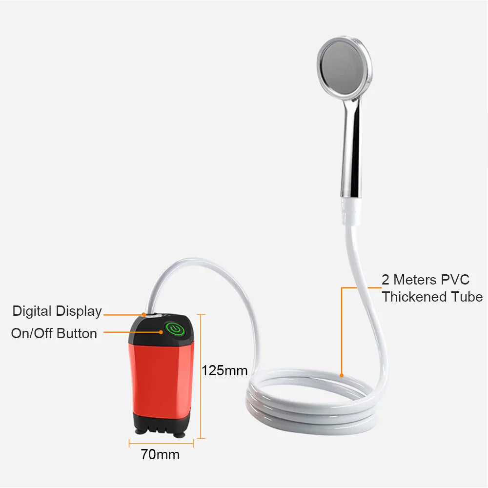 Outdoor Camping Shower IPX7 Waterproof Orange with Digital Display Portable Electric Shower Pump for Hiking Travel Pet Watering