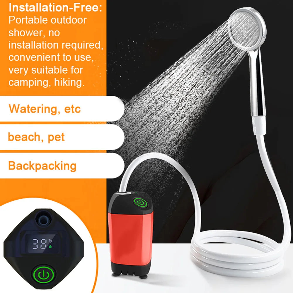 Outdoor Camping Shower IPX7 Waterproof Orange with Digital Display Portable Electric Shower Pump for Hiking Travel Pet Watering