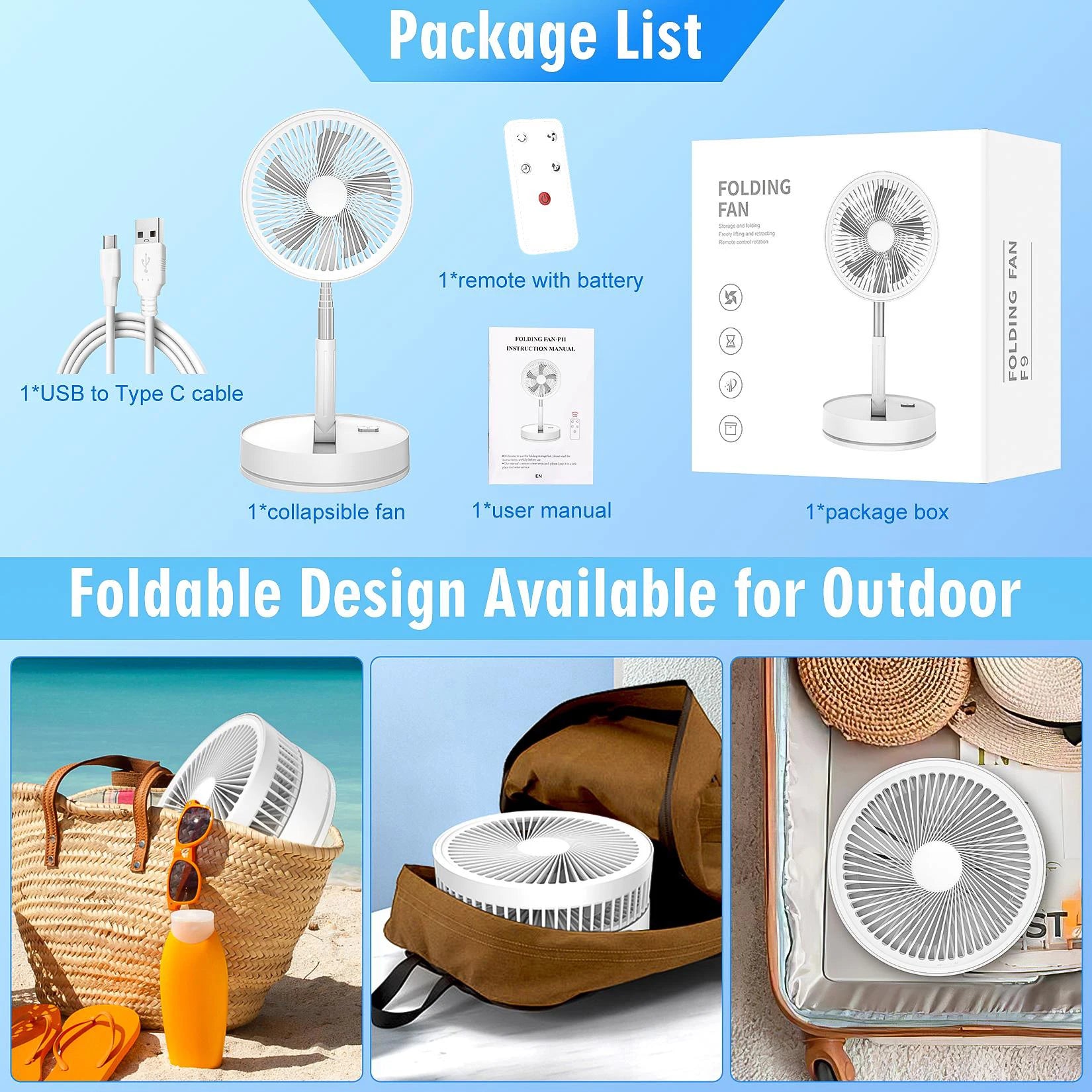 Folding Portable Fan — USB Rechargeable, Remote Control