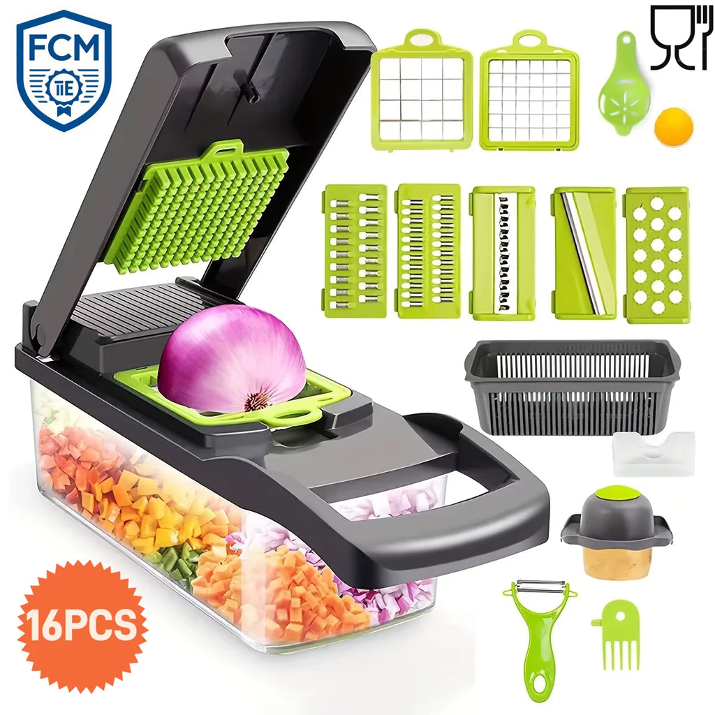 New Hot 16 in 1 Multifunctional Vegetable Chopper, with Container, Onion Chopper for Veggie, Fruit, Salad, Kitchen Gadgets