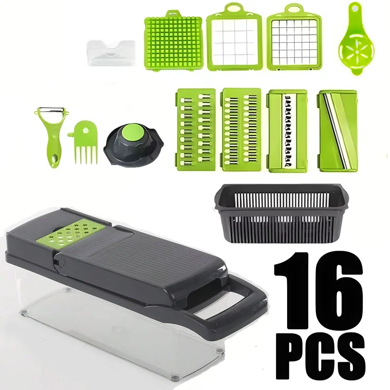 New Hot 16 in 1 Multifunctional Vegetable Chopper, with Container, Onion Chopper for Veggie, Fruit, Salad, Kitchen Gadgets