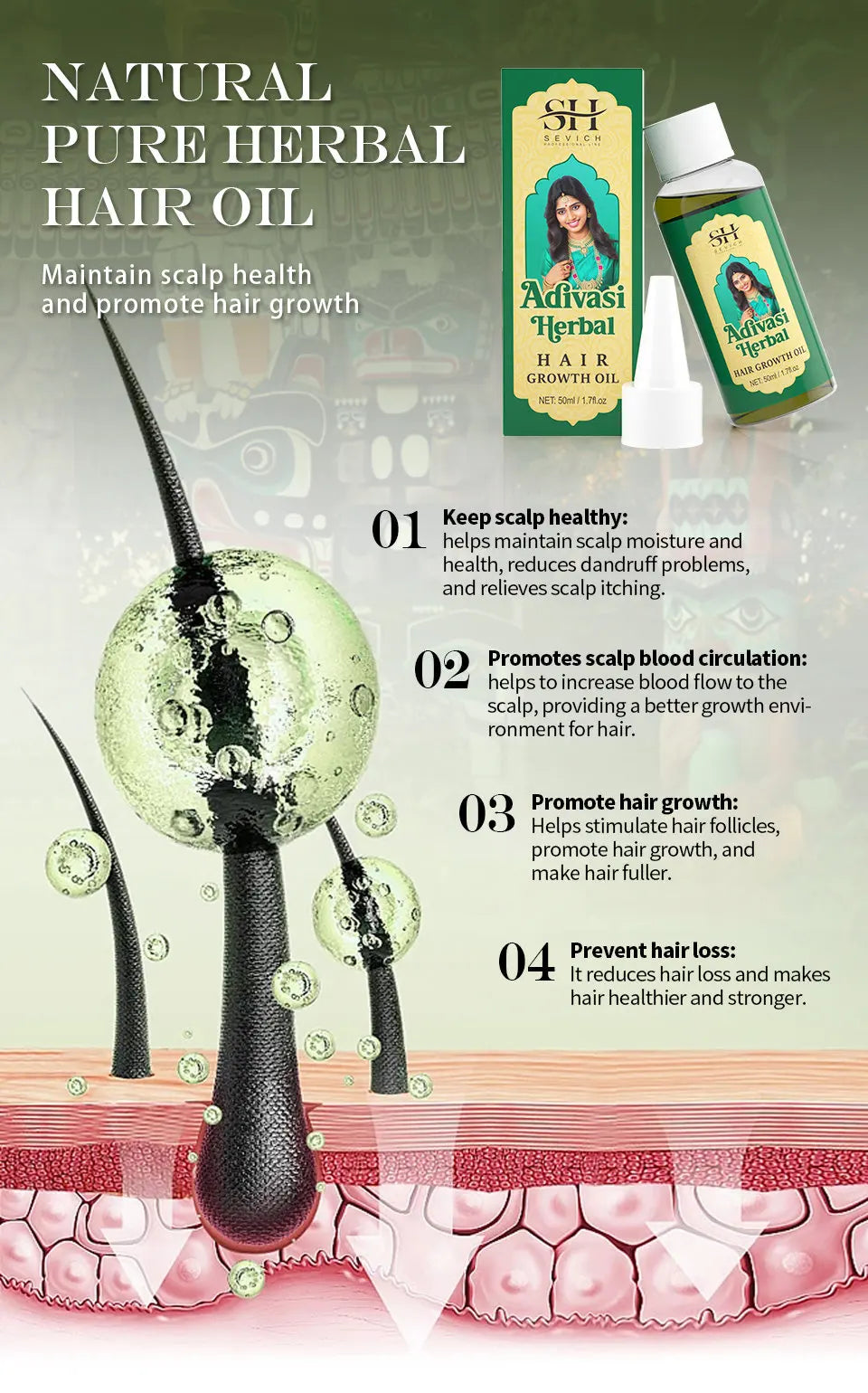 Ayurvedic Hair Growth Oil Adivasi Organic Hair Growth Serum Pure Plant Hair Growth Oil Anti Hair Loss Fast Regrowth Haircare