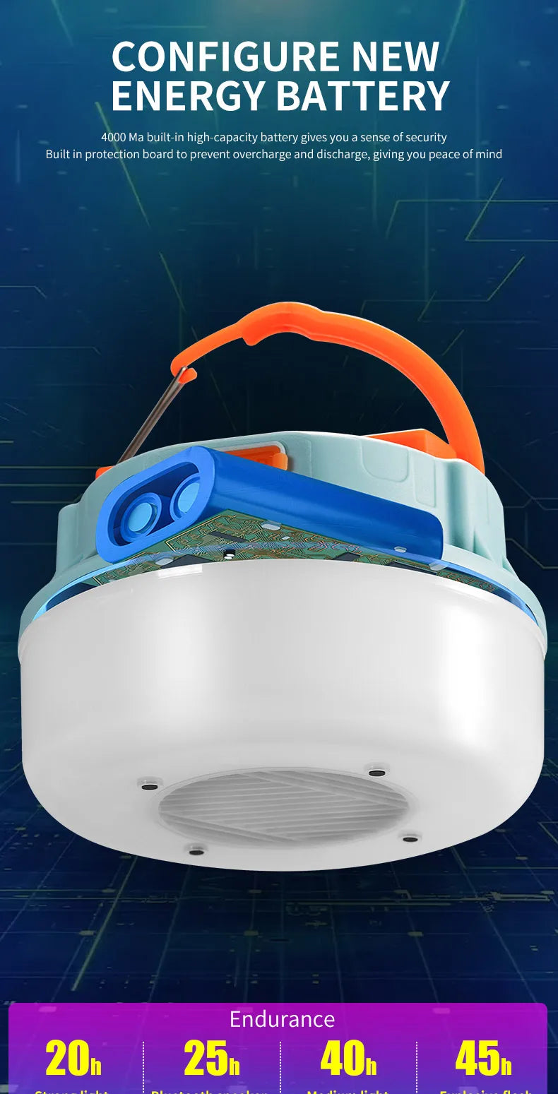 New Outdoor Solar Camping Lights with Wireless Portable Bluetooth Speaker Rechargeable Led Camping Lanterns Tent Lamp Power Bank